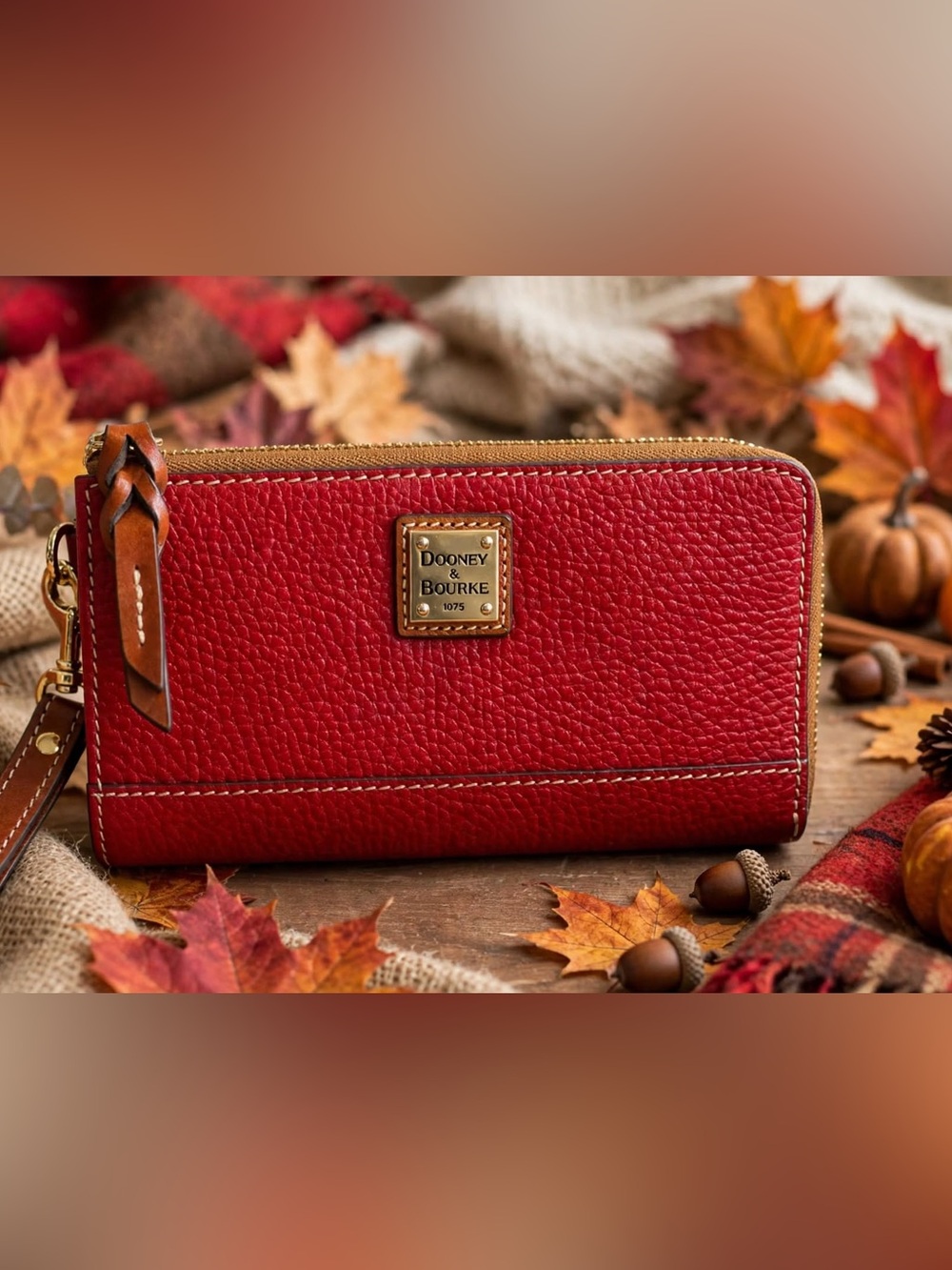 Dooney & Bourke Red Leather Zip Wristlet Wallet with Brown Wrist Strap